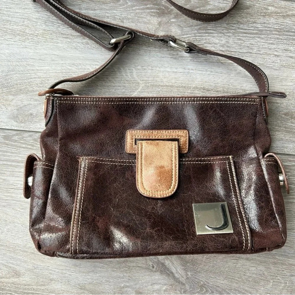 Vintage Joanel Distressed Brown Leather  Crossbody Bag - Picture 1 of 15